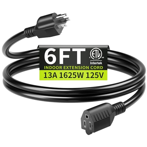 Cable de extensión negro de 16/3 de 6 pies para interiores, cable de extensión corto para portátiles, cafeteras, electrodomésticos de oficina, cable resistente pequeño de 3 clavijas, flexible, 13 A