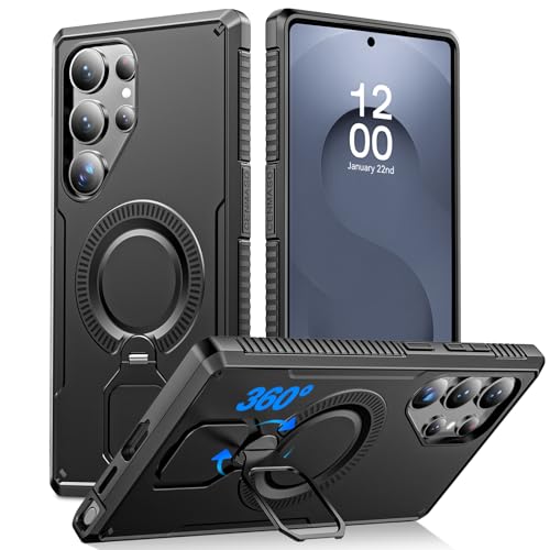 Coque Samsung S25 Ultra noire antichoc avec anneau magnétique et béquille rotative