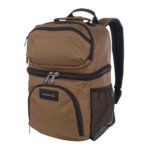 WOLVERINE 18 Can Cooler Backpack | Durable Nailhead Nylon, Dual Compartment Cooler & Dry Storage, Padded Mesh Back Panel, & Exterior Water Bottle Pockets