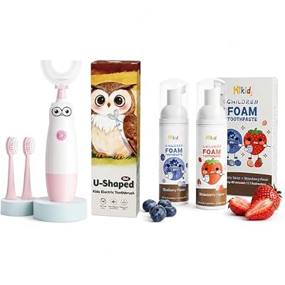 Hikid Kids Electric Toothbrush with Foam Kids Toothpaste, U Shaped Sonic Toothbrush for Kids Ages 8-13 (Pink), IPX7 Waterproof, Owl Design, Fluoride-Free Foam Toothpaste, 2.1 oz, 2 Pack