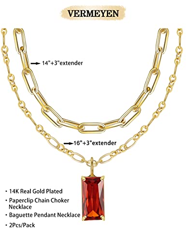 Vermeyen Layered Gold Choker Necklaces For Women 14K Gold Plated Layering Paperclip Chain Link Necklaces Dainty Cute Trendy Red Rectangle Pendant Necklace Set 2Pcs #TOP4