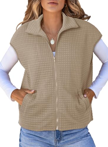 Dokotoo Womens Vest Tops 2026 Fall Cap Sleeve Waffle Knit Vests Khaki M