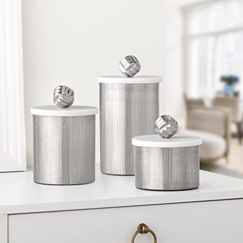 Torre & Tagus Tomar Aluminum Storage Container With Marble Lid For Countertop - Metal Home Decor Storage & Bathroom Organizer Accent Jar, Cotton Ball Qtip Holder Mid Century Container, 7" Tall, Silver #TOP3