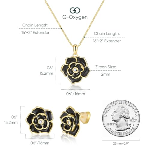 Goxygen Rose Flower Earring Necklace Set - 14k Gold Plated Hypoallergenic Jewelry Sets For Women, Trendy Cubic Zirconia Floral Earring Pendant Necklace Anniversary Birthday Gift for Her (Black) — view 6