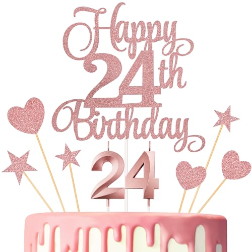 24th Birthday Cake Toppers, 24th Birthday Candles Numeral Candles and Glitter Cake Decorations Toppers Set for Party Supplies (Rose Gold)