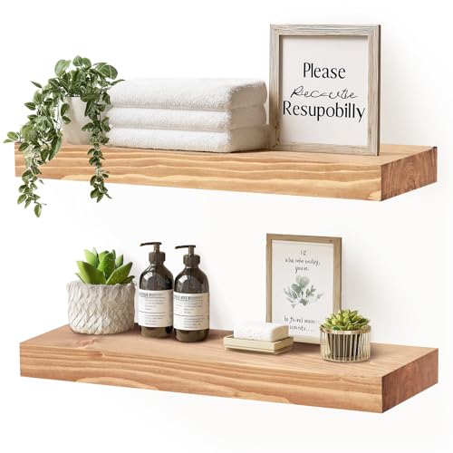 YLYHSST Juego de 2 estantes flotantes de 17 x 8 x 1.6 pulgadas, estante de pared de roble rústico de madera maciza para cocina, baño, sala de estar