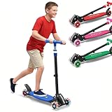 3 Wheel Kids Kick Scooter for Ages 3-12, Lean-to-Steer, Light-Up Wheels, 3-Level Adjustable Handlebar 27.5”-33”, Wide Non-Slip Deck, Dual Rear Brake,Travel Foldable, for Boys & Girls Toy Gifts,Blue