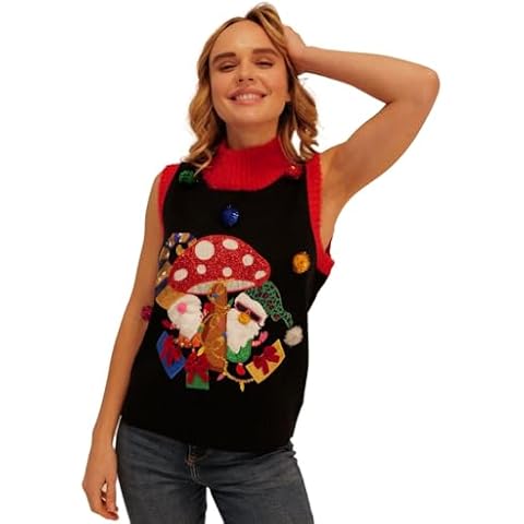 Blizzard Bay Women's 33 Degrees Sleeveless, V-Neck, Ugly Christmas Sweater Vest, Mushroom Black, X-Large Cover