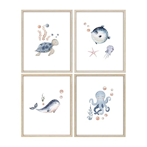 IKORNUO Bathroom Pictures and Wall Art, Sea Turtle Octopus Whale Pictures for Bathroom Decor, Set of 4, 8 x 10 inches, Unframed