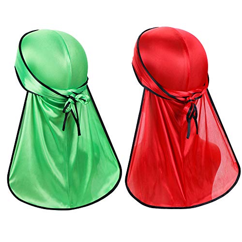 ASHILISIA Super Soft Men Durag Headwraps (2 PCS) with Extra Long Tail and Wide Straps for 360 Waves, Light Green&black+red&black, Free size