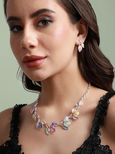 Juego de joyas de hojas pastel en plata y latón talla S 7