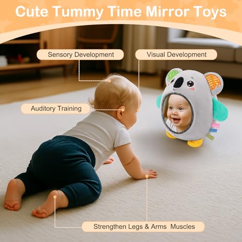 Image of FIOBEE Tummy Time Toys Baby Mirror Tummy Time with Crinkle & Jingle Sounds Large Baby Sensory Toys for Infant Ages 0 3 6 Months and Up Newborn Training Essentials, Gray Koala