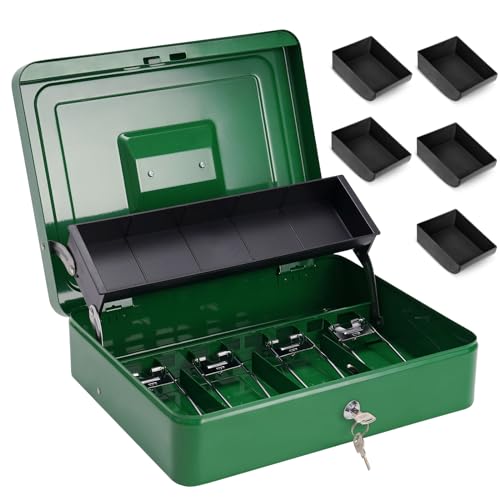 Sgorlds Cash Box Metal Money Box with Tray & Key Lock,Tiered Locking Cash Boxes,Durable Lock Safe Box with Key,4 Bill / 5 Coin Slots,Large 11.8L x 9.5W x 3.5H Inches (Key, Dark Green)