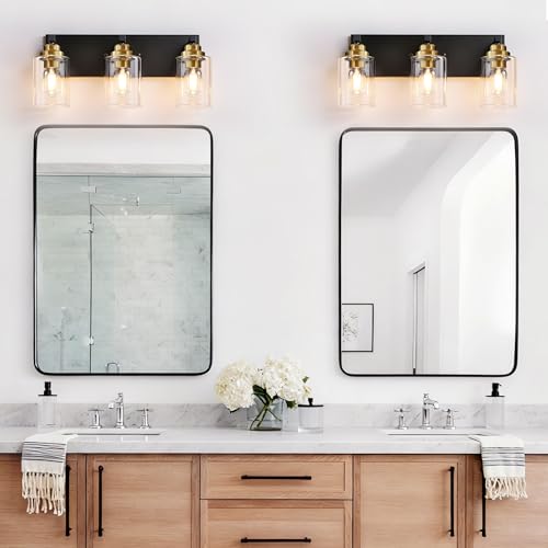 Image of Black and Gold Bathroom Light Fixture, 3 Light Brushed Gold Vanity Light, 18.8 inch Modern Farmhouse Bathroom Lighting Fixtures Over Mirror, with Clear Glass Shade, Vanity Lights for Bedroom Hallway