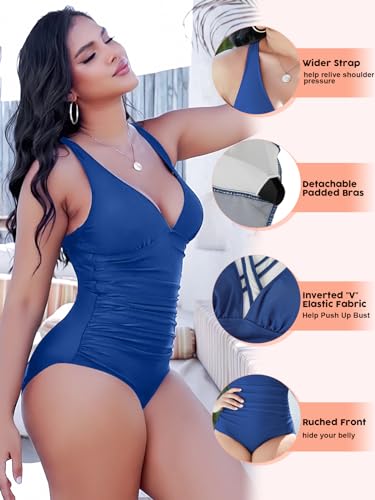 SHAPERIN Women's Swimsuits One-Piece Tummy Control Bathing Suits Sexy Ruched High Waist Padded Push Up Swimwear Plus Size Navy 2XL — view 4