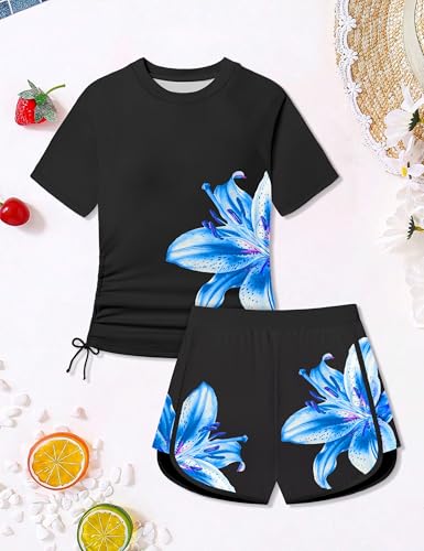 Image of AGAPENG Girls Swimsuit Two Piece Short Sleeve Rash Guard Floral Print Ruched Girls Bathing Suit UPF 50+ Swimwear for 9-16Y
