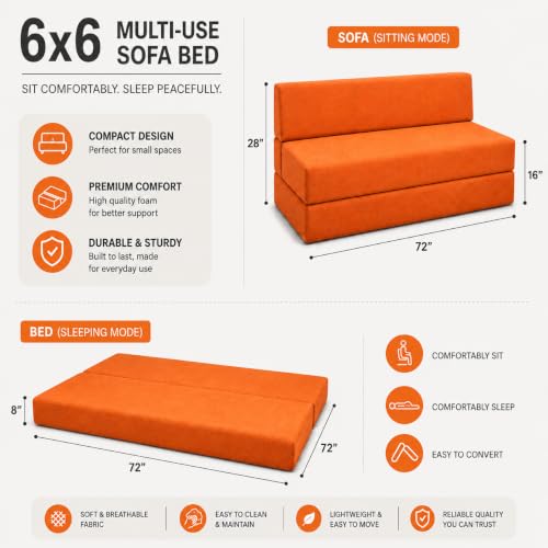 Image of Four Seater Sofa Cum Bed 6x6 Ft with Soft Foam Cushioning, Comfortable Foldable Sofa Bed for Living Room, Bedroom, Guest Room & Office(Orange)