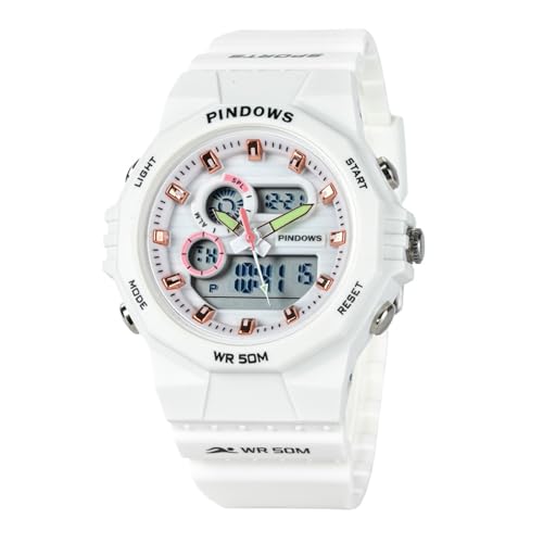 PINDOWS Relojes para Hombre, Relojes Deporte Militar Relojes Impermeable con 12/24 Horas, Cuenta Atrás, Alarma, Señal Horaria, Cronómetro,Blanca