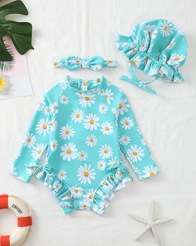 Image of Renotemy Baby Girls Swimsuit Drawstring Zip Bathing Suit Long Sleeve One-Piece Rash Guard Swimwear with Hat for Infant Girl