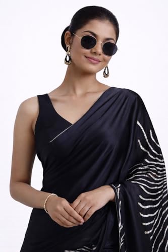 Image of Japan Satin Floral Print Saree for Women with Blouse Piece - Satin Finish Draped Saree