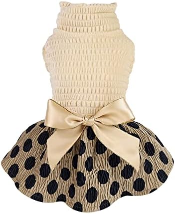 Fitwarm Vintage Polka Dot Dog Dress Lightweight Velvet Girl Puppy Clothes Turtleneck One-Piece with Bowknot Pet Clothes for Birthday Party Doggy Gown Doggie Outfits Cat Apparel Khaki Small