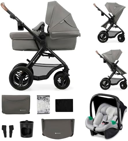 Kinderkraft MOOV2 AIR Kinderwagen 3 in 1 Kinderwagenset bis 26 kg mit Kindersitz I-SIZE 40-75 cm, Buggy Funktion, Liegeposition verstellbar, Große ausziehbare Verdeck, Aufblasbare