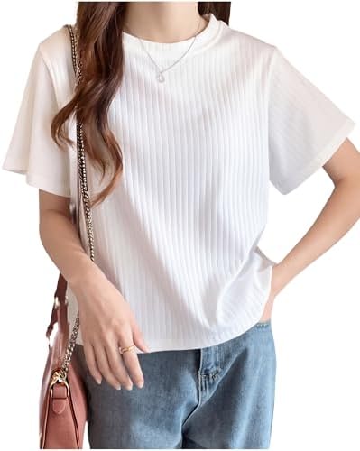 Fiorior Women's Ribbed T-Shirt, Short Sleeve, Cut and Sewn, Medium Thick Solid Fabric, Casual, Plain, Crew Neck, Round Neck, Simple, Summer, Cute, Top