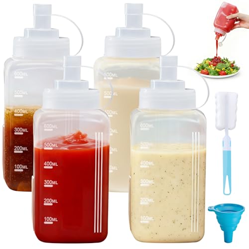 Mispudin 4 Piezas Biberones de Cocina Boca Ancha, 600ml Plástico Biberon Cocina Grande, Botella de Salsa con Tapa, Cepillo Limpiador, Embudo, para Ketchup, Mostaza, Mayonesa, Aceite de Oliva