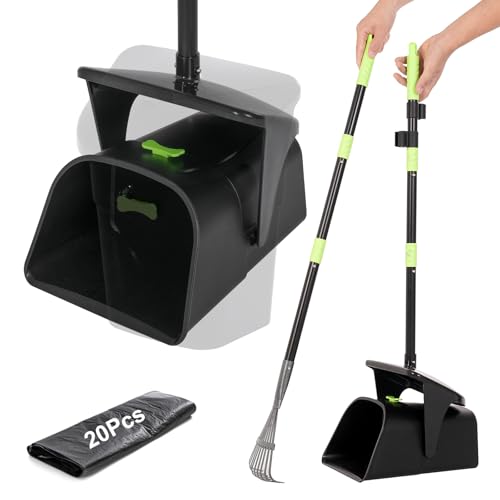 Long Handle Pooper Scooper with Swivel Bin & Rake - 97cm Adjustable Dog Waste Poop Scoop - Includes 20 Bags - No Bend Design for Grass, Gravel & Yard - Heavy Duty & Rustproof