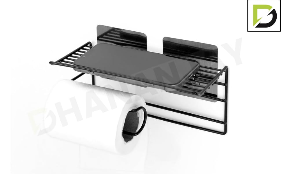 Image of Royal Brothers Self Adhesive Toilet Paper Holder /Tissue Paper Roll Holder with Mobile Stand /Towel Bar Hanger Storage Rack /Bathroom Accessories (Black)