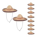 Relaxdays 10er Set Sombrero Hut Stroh, Mexikohut, HxBxT: 18 x 44 x 48 cm, Strohhut geflochten, Kinnriemen, Mexiko Partyhut, beige