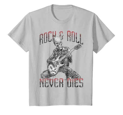 Rock and Roll Never Dies Skeleton Vintage Rock Music T-Shirt, Youth, Silver Grey, 2T