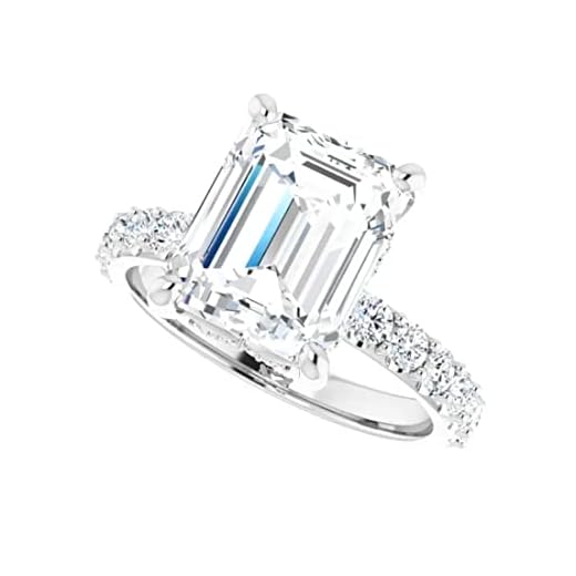 4 CT Emerald Colorless Moissanite Engagement Rings For Women & Wedding Bridal Set Solitaire Accented 10k 14k 18k Solid Gold Anniversary Promise Ring For Gift (14K Solid White Gold)