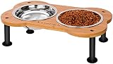 Elevated Small Dog Cat Bowls, Unique Bone Shape Bamboo Raised Dog Bowl Stand with 2 Stainless Steel