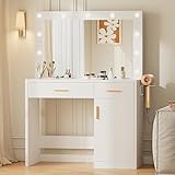HAPPYMONT Vanity Desk with Mirror and 11 LED Lights, Makeup Table with Charging Station (2AC/USB/C), Dressing Table with 2 Drawers and Large Cabinet, 3 Adjustable Lighting Colors, White for Bedroom