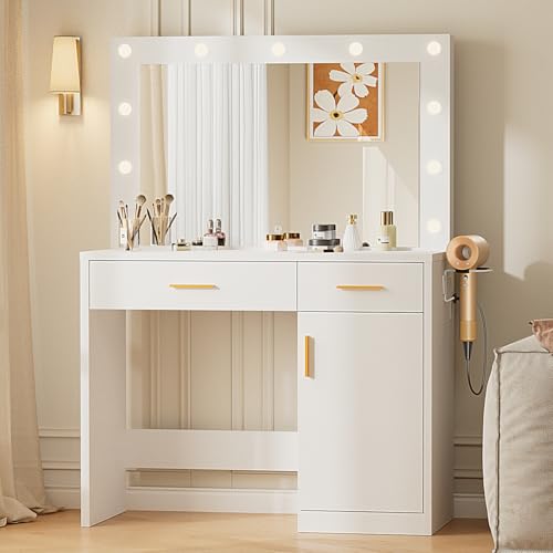 Sweetcrispy Vanity Desk with Mirror and 11 LED Lights, Makeup
