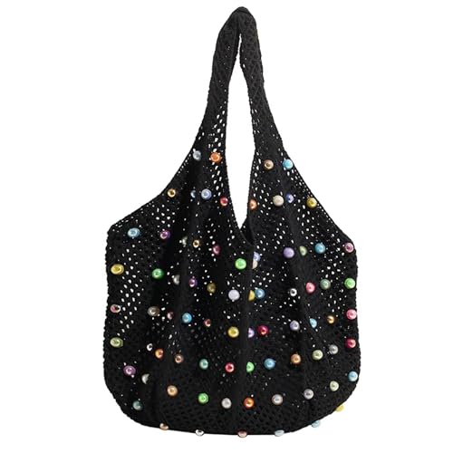 Image of Boho Crochet Beach Tote Shoulder Bag with Colored Beads | Colorful Aesthetic Hippie Knit Bag for Women