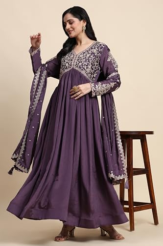 Image of TRENDMALLS Women's Silk Blend Embroidery Sequence Work Anarkali Kurta Pant Set with Dupatta For Women