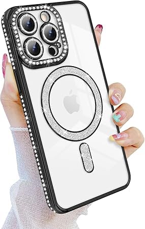 AM7 Back Cover Case for iPhone | Luxury Bling Rhinestone Diamond Glitter Case Compatible with Magsafe (Black, iPhone 12 Pro Max)