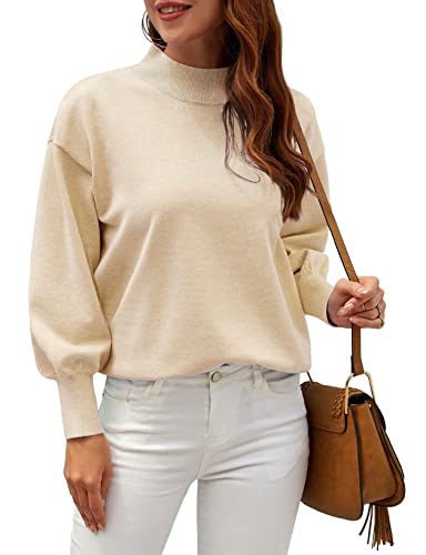 Image of WEACZZY Sweaters for Women 2025 Cute Lantern Sleeve Mock Turtleneck Lightweight Pullover Knitted Fall Fashion Tops Apricot L