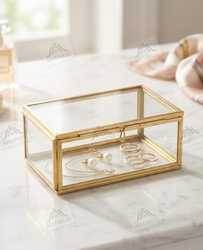 Image of Art India Collections Rectangular Glass Jewelry Box in Brass 5x3x2 Inches