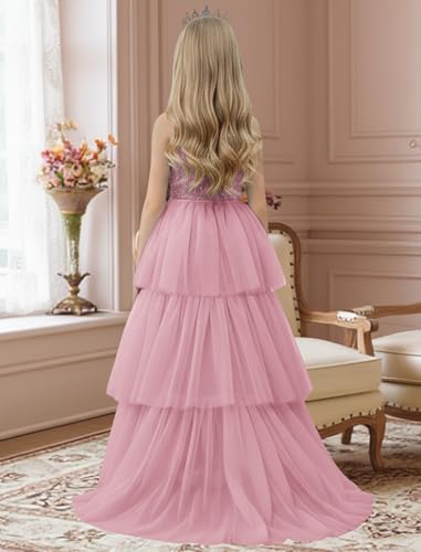 Girls Sequin Dress Halter Formal Pageant Prom Party Graduation Dress with Three Layer Mesh Size 5-14Y2