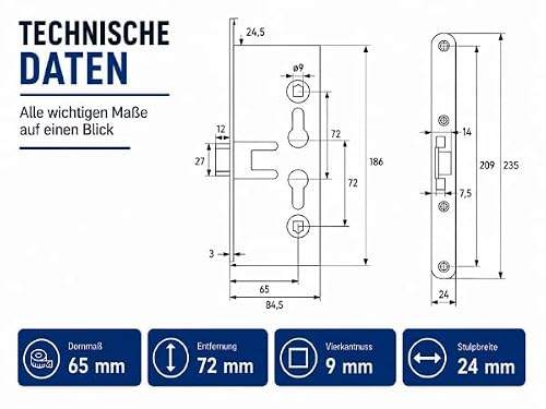 FH-Einsteckschloss 65/72/9 für Brandschutz- & Stahltüren, T30/T90, DIN links/rechts, Dornmaß 65 mm, Entfernung 72 mm, Vierkant 9 mm, Stulp 24 x 235 mm, verzinkt - Hersteller ISEO