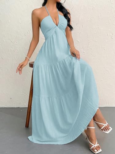 Image of Narecte Women's Maxi Summer Dresses Halter V Neck Beach Dresses for Women A-Line Casual Dress for Vacation