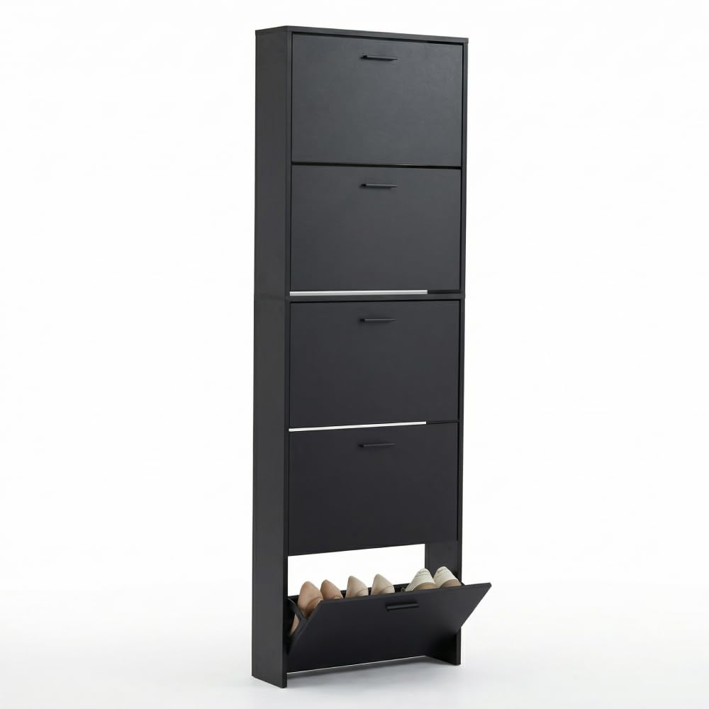 CASABEL Meuble à Chaussures 15 Paires, Portes et Cadre Noir | Rangement chaussures, 5 Abattants, Compartiments rabattables, Format étroit, Gain de place, Design moderne, Montage facile