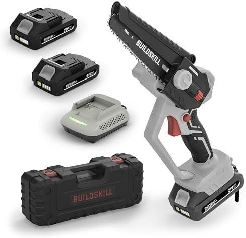 BUILDSKILL 21V Cordless Chainsaw Machine | 6 inch Bar | 3600 RPM Copper Motor | 2 x 1.5AH Battery | Chain tensioning button, safety lock | Mini Chainsaw Machine for Wood Cutting, Gardening & DIY Use