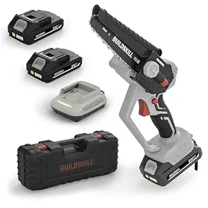 BUILDSKILL 21V Cordless Chainsaw Machine | 6 inch Bar | 3600 RPM Copper Motor | 2 x 1.5AH Battery | Chain tensioning button, safety lock | Mini Chainsaw Machine for Wood Cutting, Gardening & DIY Use