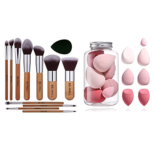 BS-MALL Makeup Brush Set 11Pcs Bamboo Synthetic Kabuki Brush Set with 7 Pcs Makeup Sponge