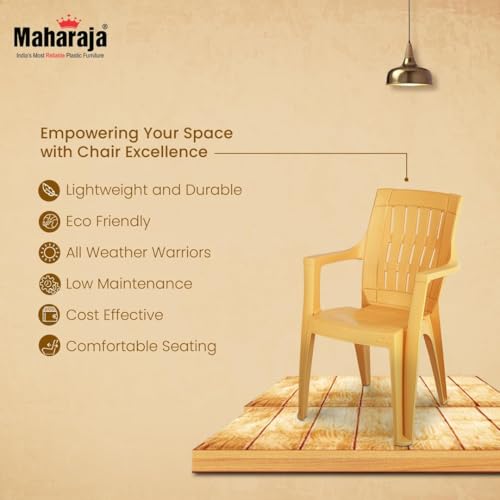 Image of MAHARAJA Omega for Home, Office | Comfortable | Arm Rest | Bearing Capacity up to 200Kg Plastic Outdoor Chair | Chairs for Home | Plastic Chairs (Amber Gold, Pack of 6)