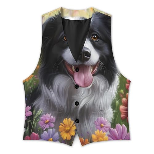 Collie Dog Flowers Men's Suit Vest Slim Fit Business Dress Party Pattern Waistcoat Vest Top3